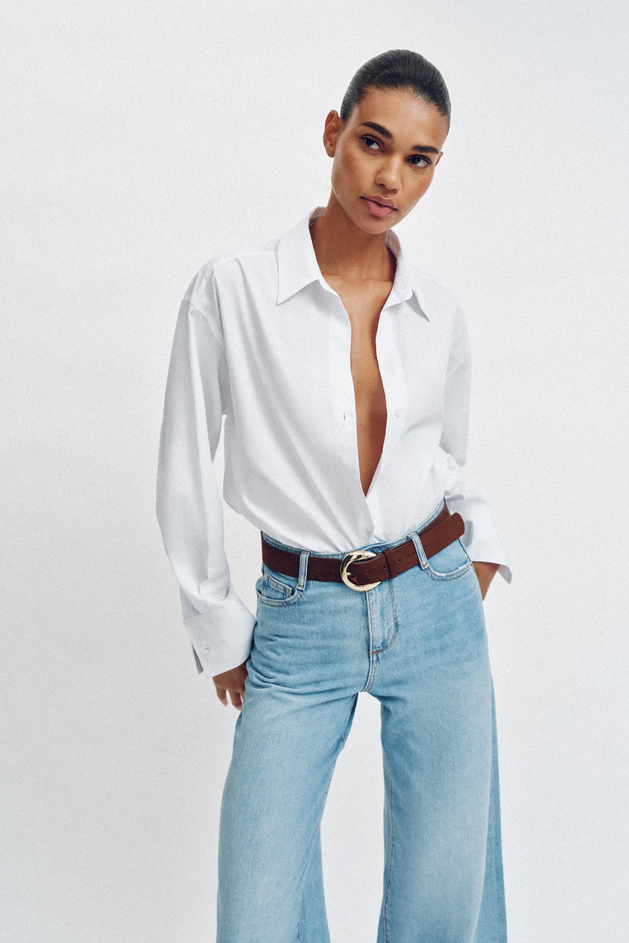 HIGH-WAISTED WIDE LEG CROPPED BELTED JEANS